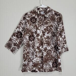 Womens Linen Shirt  Chicos Size 1 - Medium  / 8  Brown White Floral Casual